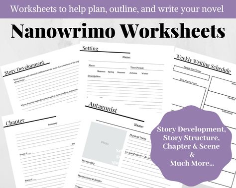 Nanowrimo 30 Day Novel Worksheets| Writing Planner| Novel Planner by StoryNoteWorksheets on Etsy Novel Writing Outline, Writing Printables, Explanation Text, Workbook Design, Writing Templates, Educational Worksheets, Writing Worksheets, Guided Writing, Story Writing