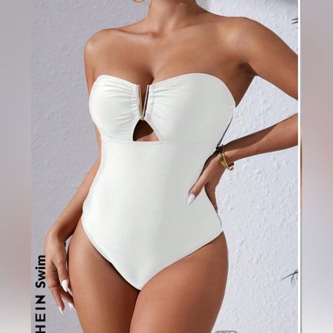 [Ad] (M) Nwt Shein Strapless White One Piece Bathing Suit. Never Worn Only Tried On. Cute V Metal Cut Out In The Front. Perfect For Bachelorette Or Bridal Activities. #whitebridalbathingsuit Bridal Activities, Bride Bathing Suit, Cute V, White One Piece, One Piece Bathing Suit, White Bridal, Bathing Suit, Womens Swim, Bathing Suits