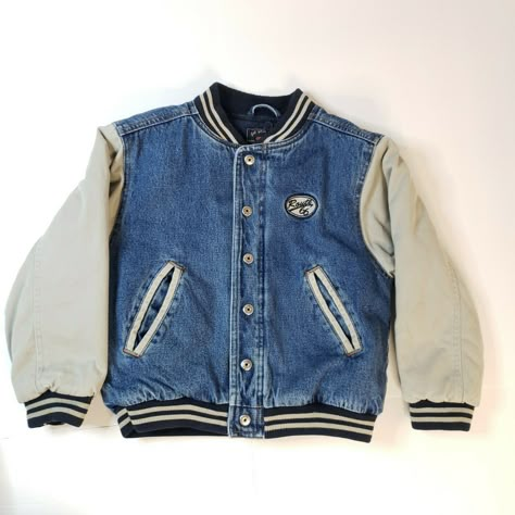 Vintage ROUTE 66 Get Your Kicks Denim Letterman Varsity Jacket Kids 8. #4 Jean Letterman Jacket, Varsity Denim Jacket, Jacket Product Shoot, Denim Letterman Jacket, Varsity Jacket Vintage, Denim Varsity Jacket Outfit, 80s Letterman Jacket, 90s References, 80s Varsity Jacket