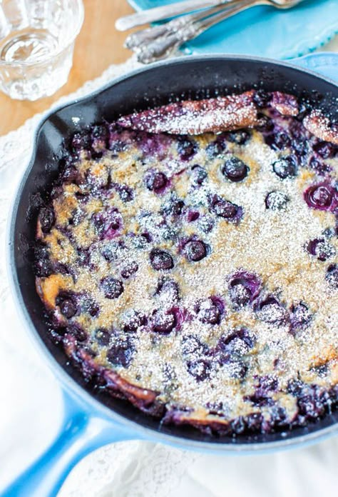 Berry Clafoutis, Blueberry Dutch Baby, Blueberry Clafoutis, Dutch Baby Recipe, Dutch Babies, Averie Cooks, Dutch Baby Pancake, Christmas Buffet, Buffet Ideas