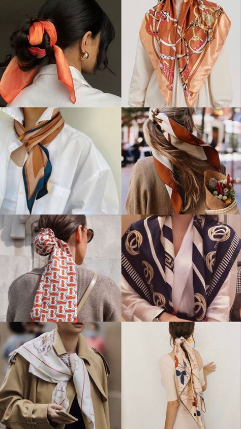 Old Money Outfits With Scarf, Hermes Scarf Aesthetic, Women Ascot Scarf Outfit, Style Hermes Scarf, Ascot Scarf Outfits Women, Hermes Scarf Styling, Designer Scarf Outfit, Silk Scarf Aesthetic, Gucci Scarf Outfit