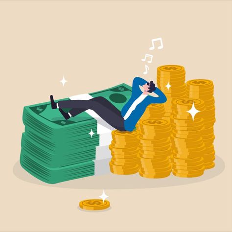 Rich man with his wealth, success businessman earn investment profit, FIRE, financial independence retire early concept, rich happy businessman lay down singing on pile of money coins and banknotes. Pile Of Money, Retire Early, Small Business Loans, Get A Loan, Profile Pictures Instagram, Business Analysis, Urban Setting, Winning The Lottery, Business Illustration