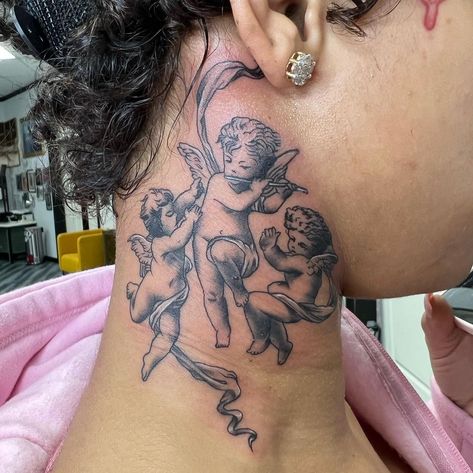 Mindy Su💥💣 on Instagram: “😇 Baby angels on @hypnoticlaadyy Took a couple hours on the neck like it was nothing 💪🏼 Thanks for coming! #atlantatattooartist #atl…” Angel Neck Tattoos Women, Cherub Tattoo, Doll Tattoo, Neck Tattoos Women, Tattoos For Black Skin, Neck Tattoos, Leg Tattoos Women, Dope Tattoos For Women, Tattoo Design Book