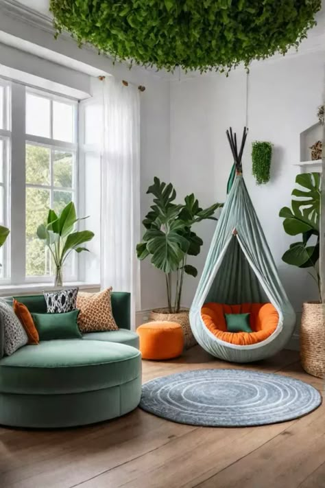 Junglethemed playroom with reading nook Playroom In Sunroom Ideas, Forest Themed Playroom, Magical Playroom Ideas, Snug Playroom Ideas, Plants In Playroom, Reading Nooks For Kids, Tree In Playroom, Kids Playroom Hanging Chair, Playroom With Fireplace