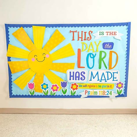 The Day the Lord Has Made Classroom Bulletin Board Set - 40 Pc. | Oriental Trading This Is The Day The Lord Has Made Bulletin Board, Christian Welcome Back To School Bulletin Boards, Bible School Decorating Ideas, Church Signs For Spring, Vacation Bible School Decorations, Kids Sunday School Room Decor, Sunday School Bulletin Boards For Kids, Spring Bulletin Boards Kindergarten, Sunday School Room Decor Ideas