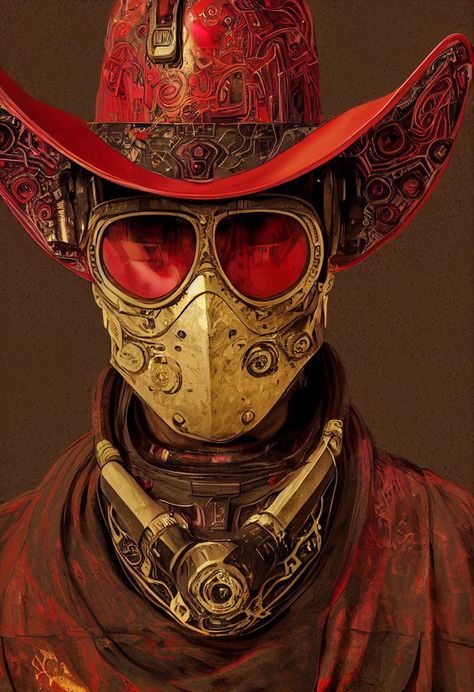 ornate mask, desert, robot, synth Cyberpunk Cowboy, Cowboy Character Design, Cowboys From Hell, Warhammer Fantasy Roleplay, Steampunk Mask, Futuristic Robot, Cowboy Costume, Art Outfits, Avengers Wallpaper