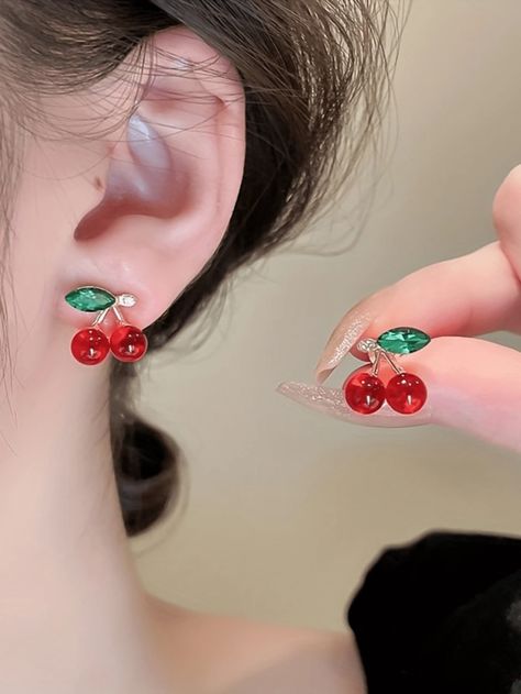 Red Stud Earrings, Party Wear For Women, Women Stud Earrings, Red Earrings Stud, Red Studs, Jewelry Making Kits, Casual Earrings, Cherry Earrings, Fruit Earrings