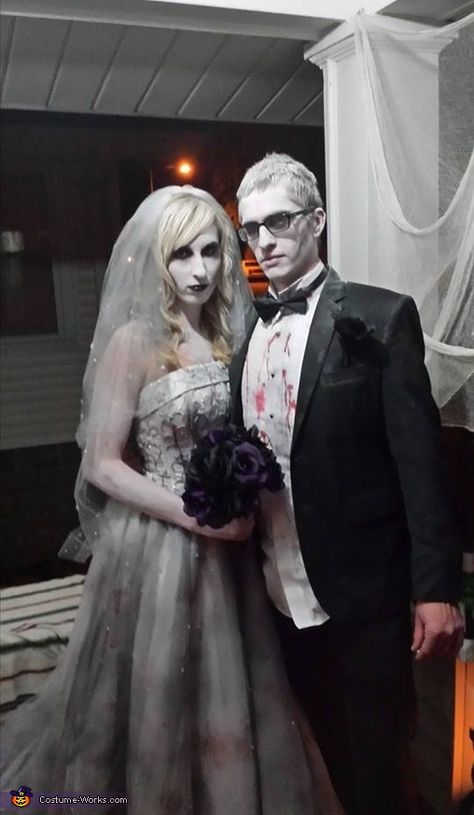 Kayla: My husband and I were engaged and getting married later that year. I found a wedding dress for $15. I used black spray paint to make it look dirty. Then... Dead Bride And Groom Costume, Bride And Groom Costume, Groom Costume, Dress For 15, Epic Halloween Costumes, 2015 Halloween Costumes, Dead Bride, Tree Costume, Halloween Bride