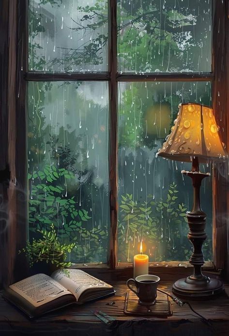 Painting Rain On Window, Reading On A Rainy Day Aesthetic, Coffee Window Art, Through The Window Photography, Relaxing Photos Aesthetic, Rainy Day Aesthetic Drawing, Autumn Harvest Aesthetic, Rain Window Painting, Rain On Window Painting