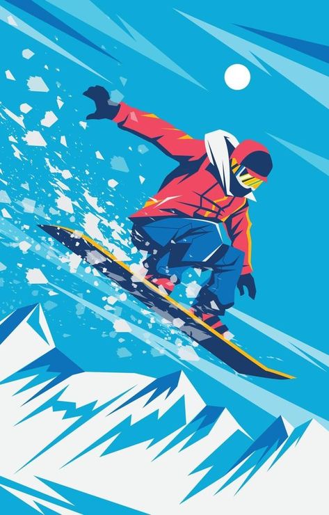 Winter Sport with Snowboarding Concept Snowboard Art Design, Snowboard Graphic Design, Snowboarder Painting, Snowboarding Sketch, Snowboarder Illustration, Snowboarding Illustration, Snowboarding Art, Snowboard Wallpaper, Snowboard Illustration