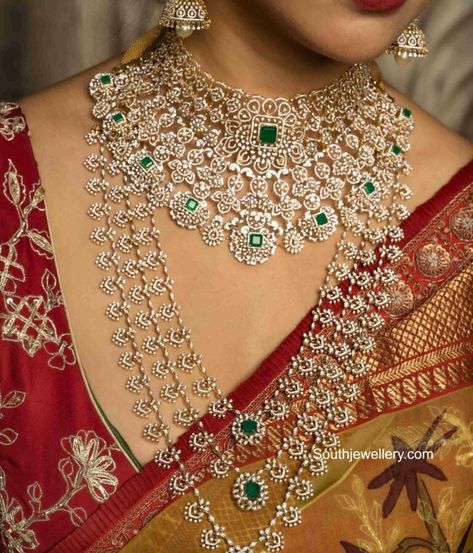 Emerald Long Necklace, Diamond Long Haram, Diamond Earrings Online, Diamond Necklace Indian, Glamour Jewelry, Bridal Diamond Necklace, Bridal Necklace Designs, Diamond Wedding Jewelry, Beautiful Gold Necklaces