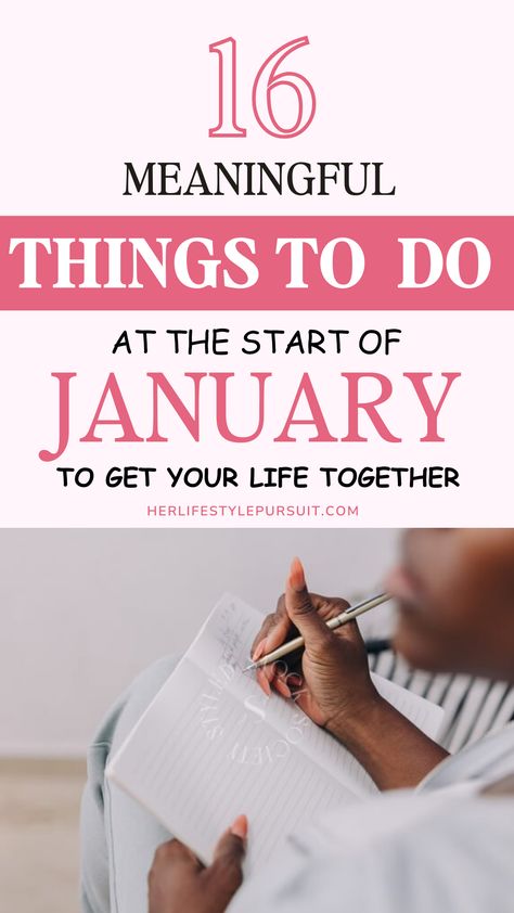 Aesthetic pink-themed graphic with bold text overlay about thoughtful list of 16 meaningful things to do at the start of January to help organize your life, focus on self-development, and start the month intentionally. A person is journaling in a cozy, reflective setting. Things You Should Do Every Month, January Home Reset, January Reset 2025, January Things To Do, New Year Reset 2025, January Organization, New Years Reset, January To Do List, Yearly Reset