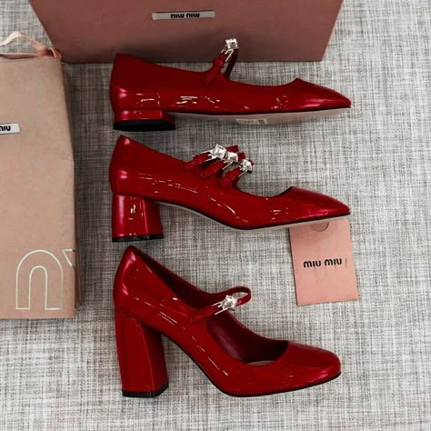 Mary Jane Shoes Miumiu, Mary Jane Aesthetic, Miu Miu Mary Jane, Luxury Shoes Heels, Red Mary Janes, Red Mary Jane Shoes, Dr Shoes, Zapatos Mary Jane, Fancy Shoes