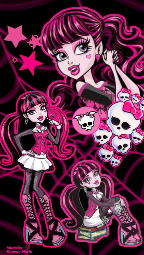 Hot pink Draculaura wallpaper with skulls with bows, pink stars, and Draculaura sitting, standing, and posing, with a hot pink spider web with a heart in the middle background Draculaura Halloween Costume, Draculaura Wallpaper, Draculaura Halloween, Monster High Room, Draculaura Aesthetic, Monster H, Arte Monster High, Trio Halloween Costumes, Monster High Pictures