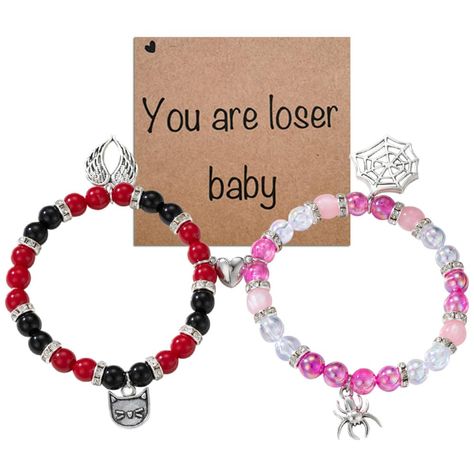 PRICES MAY VARY. Including 2pcs angle bracelet,1pcs message card Card message: You are loser baby. Adjustable Elastic cord, fits most wrists, easy and comfortable to wear. Made of high quality opal beads and alloy, color will last long time without tarnish! Hypoallergenic, nickel and lead free, high quality handmade bracelet that will not irritate your skin. Share your love with these matching couples' bracelets, a thoughtful and meaningful gift for couples, friends, and family. Couples Jewelry Bracelets, Anime Bracelet, Bracelets Couple, Emo Accessories, Family Bracelets, Couples Friends, Bracelet Keychains, Kandi Bracelets, Friendship Jewelry