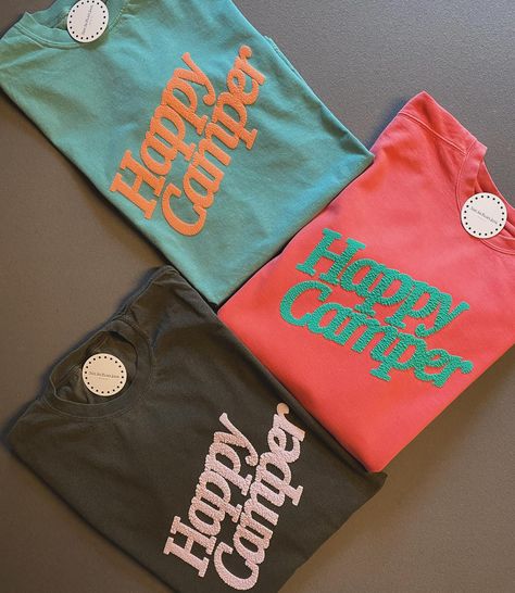 Puff designs are rolling out!!! Shop our Happy Camper design in our online store Puff Design, Happy Camper Shirt, Camper Design, Camper Shirt, Happy Shirt, Cute Shirt Designs, Vinyl Shirts, Graphic Tee Design, Cool Graphic Tees