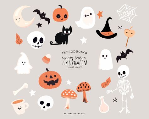 Simple Halloween Illustration, Halloween Cute Illustration, Cute Fall Clipart, Cute Halloween Graphics, Halloween Design Graphic, Cutesy Halloween, Halloween Graphic Design, Halloween Clipart Free, Cute Halloween Clipart