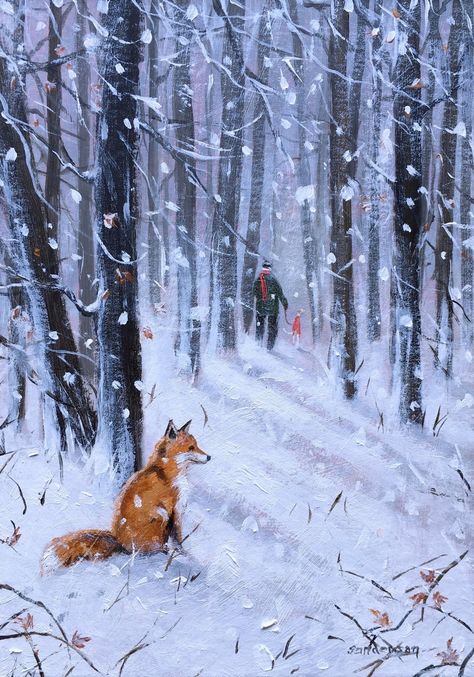 Winter Fox Painting, Cottage Core Wallpaper, Fox In Snow, Fox In The Snow, Fox Artwork, Charity Christmas Cards, Fox Painting, Painting Snow, Winter Illustration