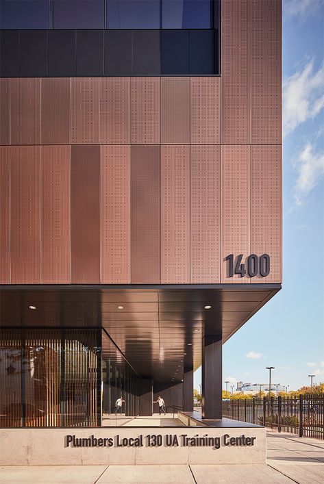 Wood And Metal Architecture, Rustic Facade, School Building Facade, Exterior Architecture Design, Brass Architecture, Soffit Design, Copper Facade, Copper Architecture, Metal Panels Facade