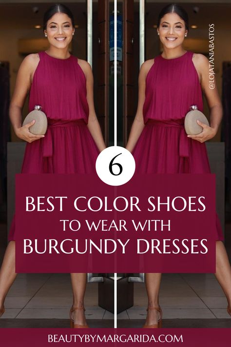 Not sure what color shoes to wear with a burgundy dress? Check out our guide to find the perfect shoes to complement your burgundy dress or maroon dress, whether for a wedding or a laid-back party! Burgundy Bridesmaid Dresses Shoes, Burgundy Dress Nude Heels, Burgundy Dress Accessories Wedding Guest, Heels For Burgundy Dress, Wine Colored Dress Formal, Burgundy Dress Accessories Shoes, Burgundy Velvet Dress Accessories, Burgundy Dress With Silver Jewelry, Burgundy Dress With Gold Accessories