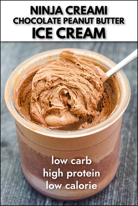 Who doesn't love a chocolate peanut butter flavor combination? Check out this Ninja Creami chocolate peanut butter ice cream recipe that is not only sugar free but it's high protein and low calorie. Creamy chocolate ice cream mixed with peanut butter for a decadent but healthy sweet treat! High Protein Chocolate Ice Cream, Chocolate Peanut Butter Protein Ice Cream, Peanut Butter Heaven, Healthy Peanut Butter Ice Cream, Healthy Protein Ninja Creami, Creamy Ninja Ice Cream Recipe, Ninja Creamy Chocolate Protein Ice Cream, Chocolate Peanut Butter Ice Cream Recipe, Deluxe Creami Recipes