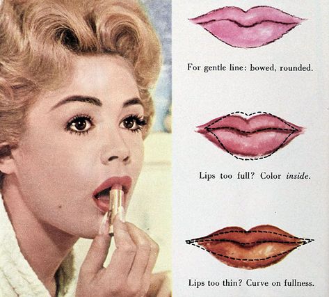 Sandra had to practice to learn to use a lip brush. “I use my finger on chin to steady my hand”. It’s worth it to ensure a clean outline and no feather edges. She uses brush for outline, fills in color straight from the lipstick, and then blots with a tissue. She likes clear pastel reds. 50s Lipstick, 1960s Lipstick, Dorothy Makeup, 1960 Makeup, 1960s Makeup Tutorial, Eyeliner Quotes, 1960's Makeup, Makeup Tips Lips, 1960s Makeup