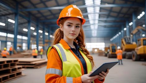 Premium Photo | A female worker in an orange vest and orange vest holding tablet at warehouse storage Engineer Woman, Warehouse Storage, Construction Worker, African Dress, High Quality Images, Engineering