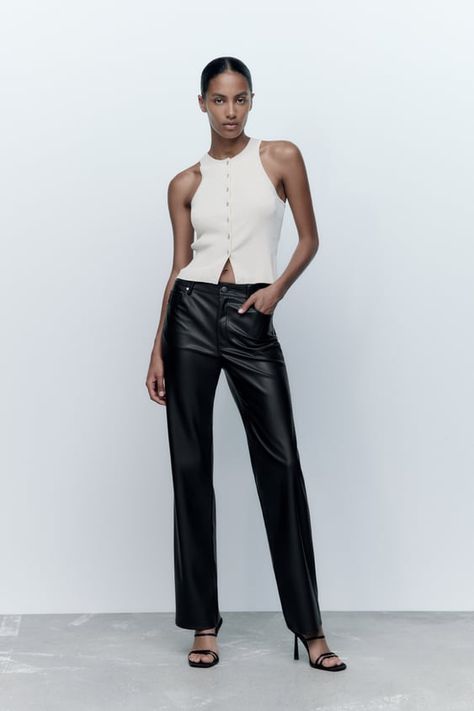 Wide Leg Leather Pants, Zara Fall, Faux Leather Trousers, Strappy High Heels Sandals, Strappy High Heels, Leather High Heels, Flare Trousers, Leather Trousers, Lace Up Sandals