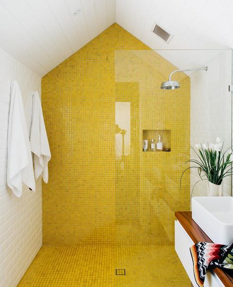 The eye-catching yellow gloss tiles in the main ensuite bathroom are from BetterTiles in Sydney. Yellow is one of Holly’s favourite colours. “Sunshine-yellow creates a happy vibe,” she says Yellow Tile, Cottage Renovation, Bad Inspiration, Vinyl Decor, Yellow Bathrooms, Casa Container, Ensuite Bathroom, The Shower, Beautiful Bathrooms