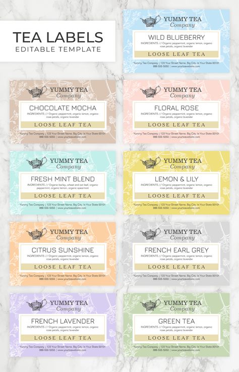 9 colours to choose from! An attractive label for homemade loose leaf tea blends and tea bags to place on packaging and gift boxes to be given away from tea companies, weddings, parties and events. Design has floral elements throughout with an elegant tea pot as your logo icon and allows you to edit business name, tea flavour, ingredients, and business contact information. Background can be changed to any colour in the Editor. Loose Leaf Tea Packaging, Loose Leaf Tea Blends, Tea Labels, Tea Logo, Chocolate Company, Events Design, How To Make Stickers, Tea Brands, Label Stickers