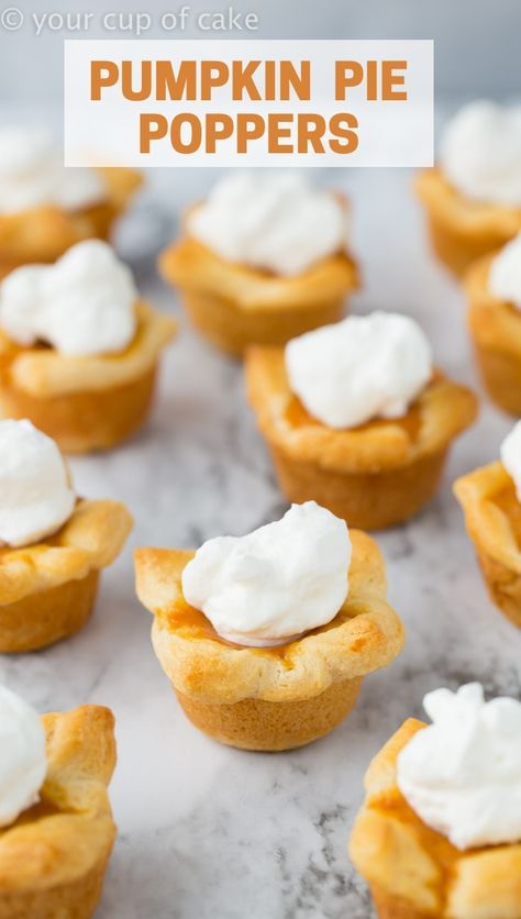 Pumpkin Pie Poppers are SO GOOD! And really easy to make with crescent dough! Cup Of Cake, 2 Ingredient Desserts, Dump Cake Pumpkin, Pumpkin Pie Cheesecake, Pumpkin Muffin Recipes, Mini Pumpkin Pies, Pumpkin Pies, Crescent Dough, Pumpkin Pie Filling