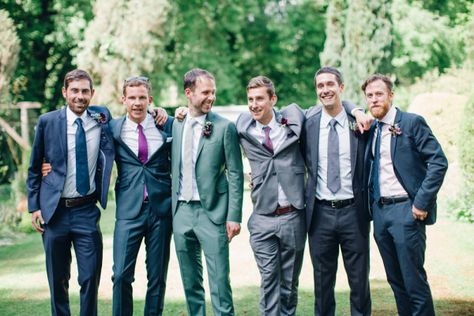 English Country Garden Wedding: http://www.stylemepretty.com/2014/08/14/english-country-garden-wedding/ | WOOKIE Photography - http://www.wookiephotography.com/ Mismatched Groomsmen, Groomsmen Colours, Gray Groomsmen Suits, Blue Groomsmen, Groomsmen Grey, Groomsmen Looks, Groomsmen Outfits, Country Garden Weddings, Wedding Etiquette