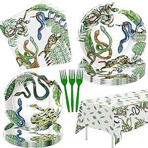 Xenorik Reptile Snake Plates And Napkins Party Decorations - Snake Birthday Party Supplies, Paper Plate, Napkin, Fork, Tablecloth, Jungle Swamp Camping Wilderness Snake Party Tableware | Serve 24 Reptile Party Decorations, Snake Dessert, Reptile Birthday Party Ideas, Reptile Themed Birthday Party, Snake Decorations, Snake Birthday Party, Reptile Birthday Party, New Years Party Themes, Snake Birthday