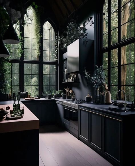 14 Victorian Gothic Home Decor Ideas - HouseResults Modern Gothic Home, Light Granite Countertops, Victorian Gothic Home Decor, Gothic Home Decor Ideas, Dark Kitchen Ideas, Victorian Gothic Decor, Island Cabinets, Light Granite, Modern Backsplash