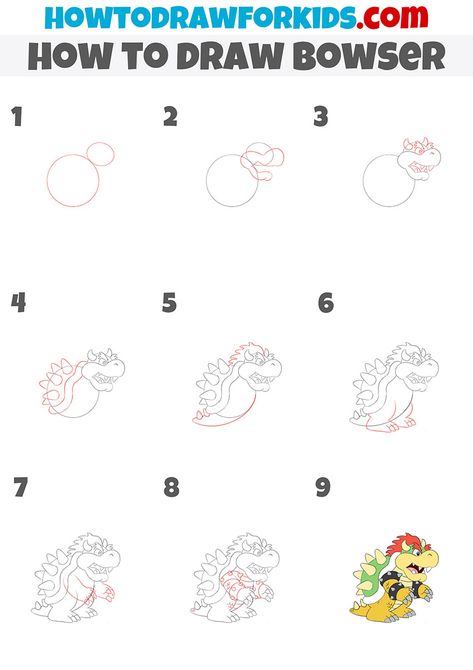 Bowser Drawing, How To Draw Mario, Drawing Easy Step By Step, Step By Step Drawings, Graffiti Doodles, Easy Drawing Tutorial, Drawing Tutorials For Kids, Drawing Step By Step, Easy Drawings For Kids