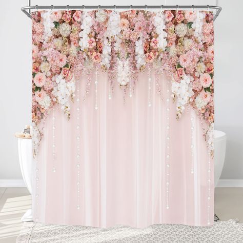 Wedding Flowers Pink Roses, Elegant Shower Curtains, Plastic Shower Curtain, Floral Shower Curtain, Rose Blossom, Floral Shower Curtains, Pink Wedding Flowers, Shower Curtain Hooks, Printed Curtains