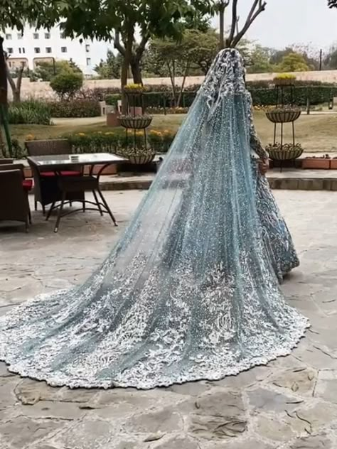 Desi Wedding Veil, Tail Dupatta Bride, Blue Walima Dress, Blue Indian Wedding Dress, Ice Blue Wedding Dress, Blue Bridal Lehenga, Engagement Dress For Bride, Army Art, Blue Wedding Dress