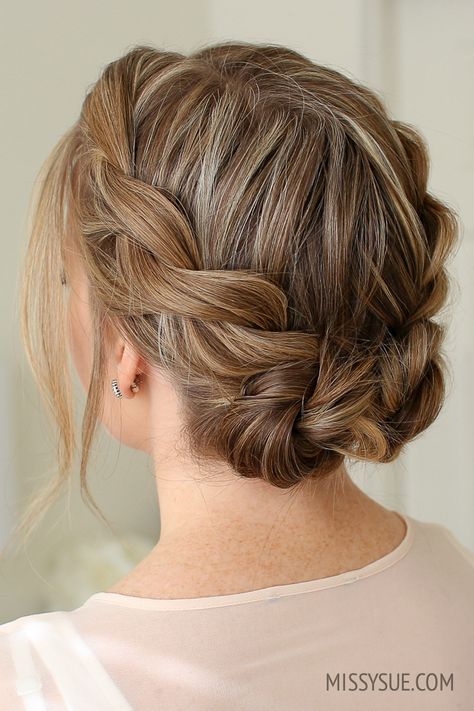 Formal Braid Medium Hair, Double Twist Low Buns, Low Bridal Updo With Braid, Hair Styles In Summer, Low Braided Updo, Low Braid Updo, Bridesmaid Hairstyles Low Bun With Braid, Bridesmaid Hairstyles Short Hair Up Dos, Double Braid Low Bun