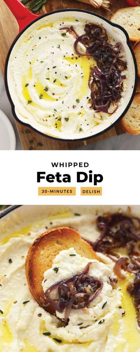 This easy Whipped Feta Dip is a perfect appetizer for any occasion. It's creamy, and topped with delicious caramelized onions. Serve it hot or cold, and enjoy! Easy Whipped Feta, Cheesy Dip Recipes, Caramalized Onions, Whipped Feta Dip, Cuisinart Food Processor, Speed Foods, Feta Dip, Wheat Free Recipes, Whipped Feta