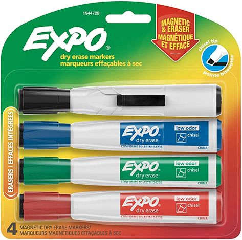 Amazon.com: EXPO 1944728 Magnetic Dry Erase Markers with Eraser, Chisel Tip, Assorted, 4-Count : Everything Else Expo Marker, White Boards, Whiteboard Marker, Daily Specials, Metal Surface, Writing Supplies, Dry Erase Markers, Teacher Favorite Things, Erasers