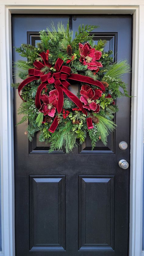 This natural magnolia wreath is sure to be a stunner for your front door this upcoming winter and Christmas season! Magnolia Wreath Front Door, Christmas Burgundy, Winter And Christmas, Winston Salem Nc, Magnolia Wreath, Diy Fall Wreath, Natural Christmas, Wreath Making, Burgundy Velvet