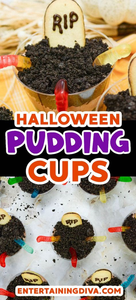 Halloween Pudding Cups | Halloween Recipes Graveyard Dirt Pudding, Halloween Pudding Cups, Halloween Pudding, Dirt Pudding Cups, Pudding Cup Recipes, Graveyard Dirt, Easy Halloween Cookies, Dirt Pudding, Celebration Desserts