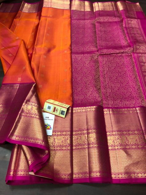 Orange Colour Saree Blouse Combination, Orange With Pink Silk Saree, Orange Kanchipuram Saree, Sky Moodboard, Pink Kanjeevaram Saree, Kanchipuram Saree Wedding, Pattu Sarees Wedding, Bride Sarees, Saree Color Combinations