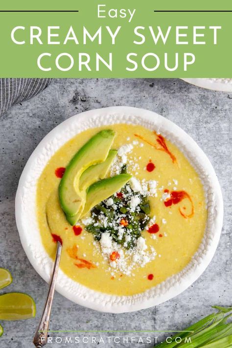 This creamy (but cream-less) sweet corn soup has a rich, sweet flavor that sings of pure corn, and it gets topped with smoky roasted poblano peppers, salty Cotija cheese, and spicy hot sauce. You can serve it warm or cold! Sweet Corn Soup Recipe, Creamy Sweet Corn, Healthy Vegetarian Breakfast, Corn Soup Recipes, Roasted Poblano Peppers, Sweet Corn Soup, Roasted Poblano, Vegetable Soup Healthy, Poblano Peppers