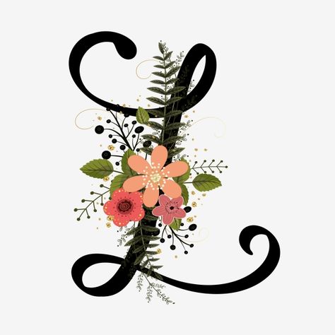 Alphabet Floral Letter L With Flowers And Leaves Letter L Drawing, Alphabet Flower Letters, L Drawing, L Monogram, Images Noêl Vintages, Alfabet Font, Floral Monogram Letter, Logo L, Frame Floral