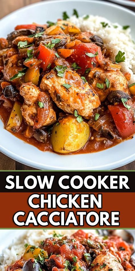 🍲 Slow Cooker Chicken Cacciatore - The perfect easy weeknight dinner for busy families! 🙌 This delicious Italian-inspired dish is packed with tender chicken, flavorful tomatoes, bell peppers, and herbs, all cooked to perfection in a slow cooker.    🏡 Save this Pin now and try it for your next meal! 🍽️  #SlowCookerRecipe #ChickenCacciatore #EasyDinnerIdeas #WeeknightMeals #ItalianRecipes Chicken Cacciatore Slow Cooker, Crockpot Chicken Cacciatore, Slow Cooker Chicken Cacciatore, Mini Crockpot Recipes, Cacciatore Recipes, Slow Cooker Chicken Thighs, Chicken Cacciatore Recipe, Slow Cooker Potatoes, Chicken Salad Recipe Easy