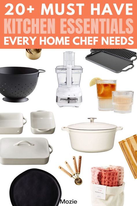 Over the years, we've made note of all the kitchen essentials we swear by having in our kitchen. Whether you're moving into an apartment or are looking for some new gadgets to add to your kitchen, these 20+ must have kitchen essentials are the best of the best! Chef Essentials, Apartment Kitchen Ideas Design, Needs List, Airbnb Kitchen, Kitchen Essentials Checklist, First Apartment Kitchen, Apartments Kitchen, Minimalist Kitchen Essentials, Apartment Must Haves