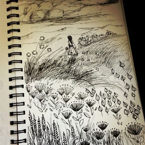 Ink Sketch doodle flowers girl meadow nature by Nicole Piar Field Of Flowers Drawing Pencil, Meadow Drawing Pencil, Meadow Flowers Drawing, Flower Field Drawing Pencil, Flower Field Sketch, Field Of Flowers Drawing, Meadow Sketch, Flower Field Drawing, Meadow Drawing