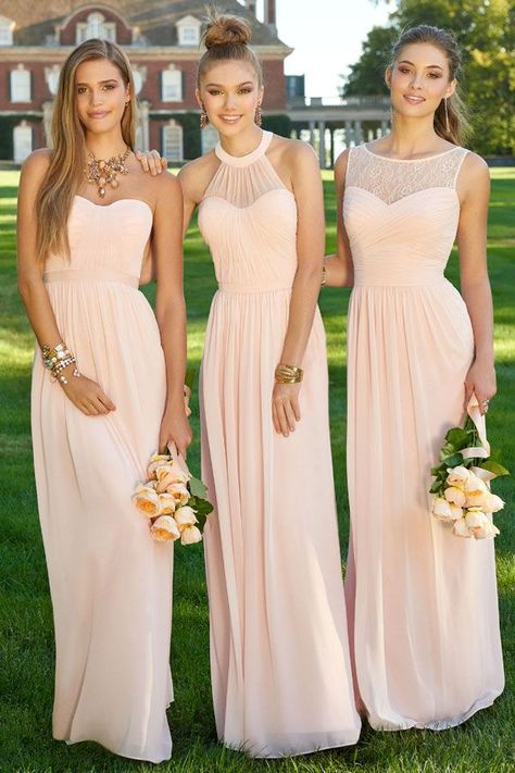 Wearing an ugly dress is just part of being a bridesmaid, right?  Well, it doesn't have to be. The top bridesmaid dresses on Pinterest, according to a board created by the social network itself, are downright gorgeous.  These dresses are flowy and ethereal, and they prove that a floor-length Pink Bridesmaid Dresses Long, Light Pink Bridesmaids, Illusion Neckline Dress, Light Pink Bridesmaid Dresses, Popular Bridesmaid Dresses, Blush Pink Bridesmaids, Blush Pink Bridesmaid Dresses, Blush Bridesmaids, Pink Bridesmaid Dress