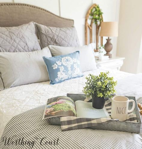 Why You Should Be Decorating With Trays And How To Do It | Worthing Court Bed Tray Decor Ideas, Bed Tray Decor, Tray On Bed, Fantasy Bedrooms, Bed Trays, Staging Photos, Farmhouse Guest Bedroom, Guest Ideas, Guest Bathroom Renovation